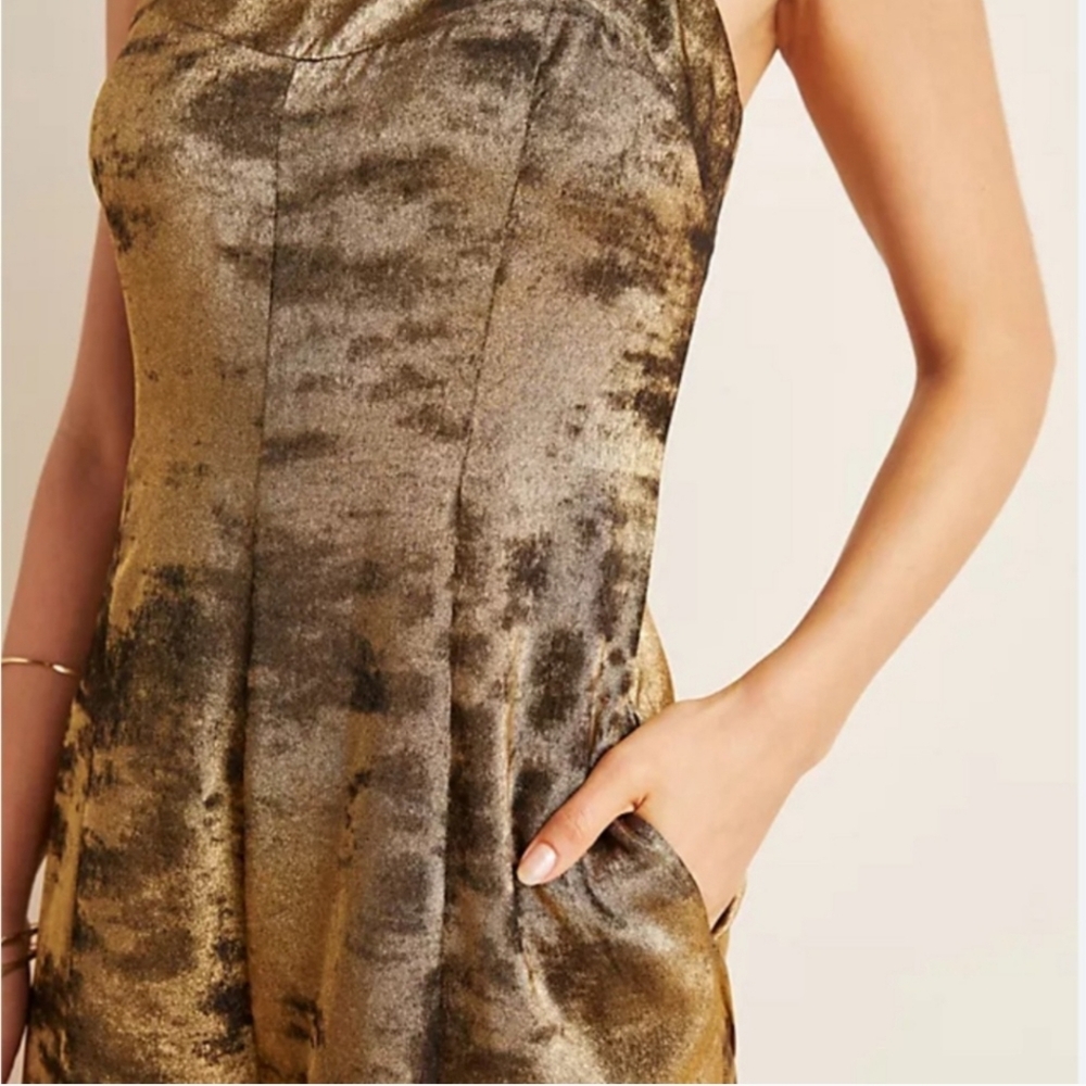 Anthropologie Erika Wide Leg Jumpsuit 2 Metallic Pewter Cropped Pockets Zip - Picture 5 of 9